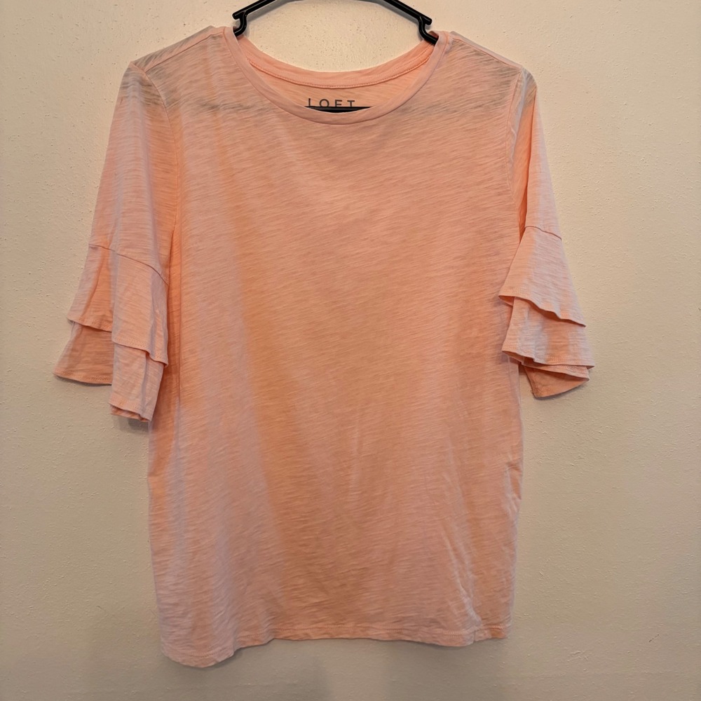 Loft Ruffle Sleeve T-Shirt Womens Small Peach Cotton Slub Tee Top